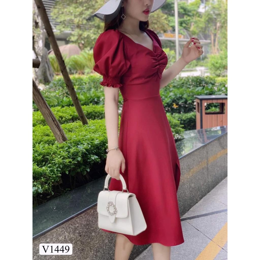 Váy đầm nữ dáng xòe kiểu tay phồng nhún ngực chất umi mềm mịn thoải mái cho người mặc AM