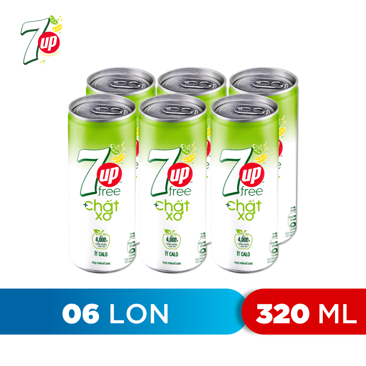 Lốc 6 Lon Nước Uống Có Gaz 7UP Ít Calo Bổ Sung Chất Xơ