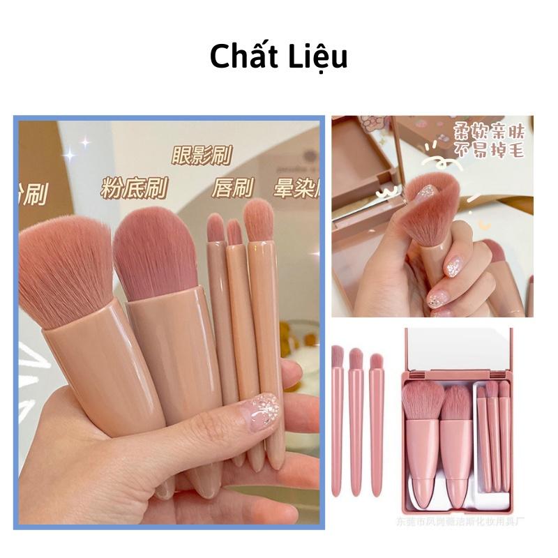 Bộ cọ trang điểm makeup cá nhân 5 món màu hồng Vintage hộp gương