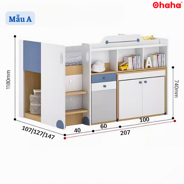 [Video thực tế - Miễn phí lắp đặt &amp; vận chuyển] Giường tầng trẻ em thông minh xếp gọn Ohaha có bàn học - GTXG010