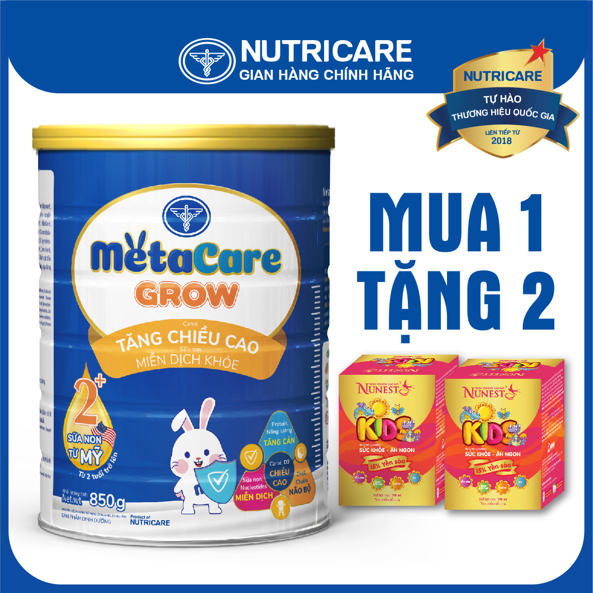 [Tặng 2 lọ yến] Sữa bột Nutricare MetaCare GROW 2+ tăng chiều cao và miễn dịch 850g