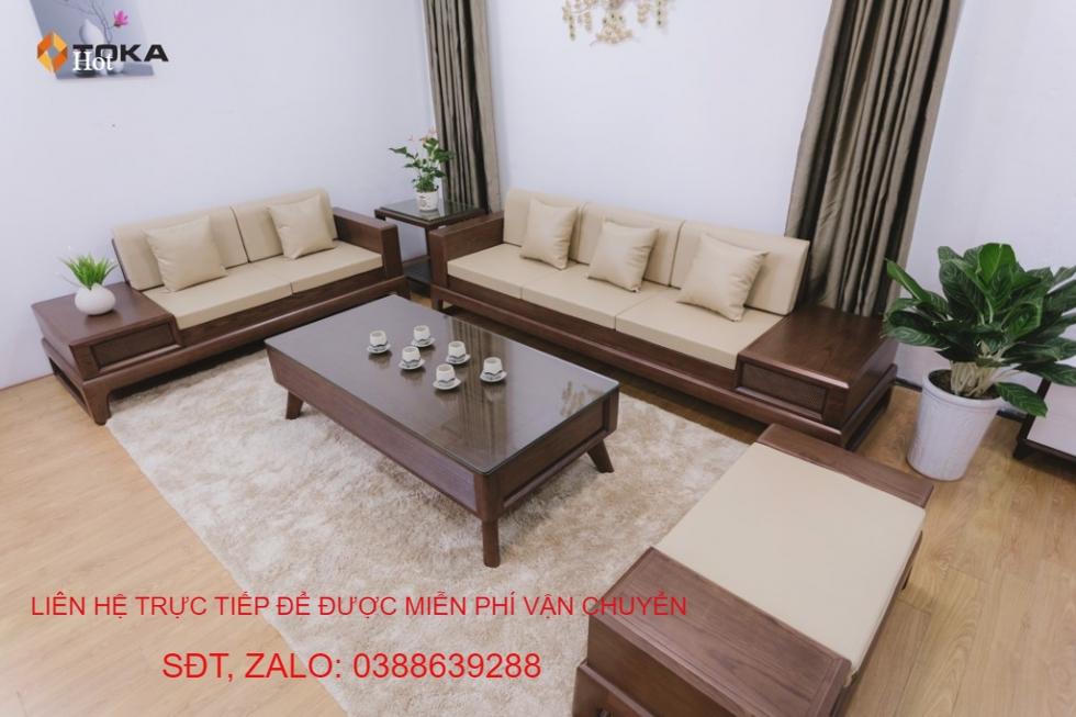 Bàn ghế Sofa góc chữ L 2 văng gỗ sồi Nga BG209