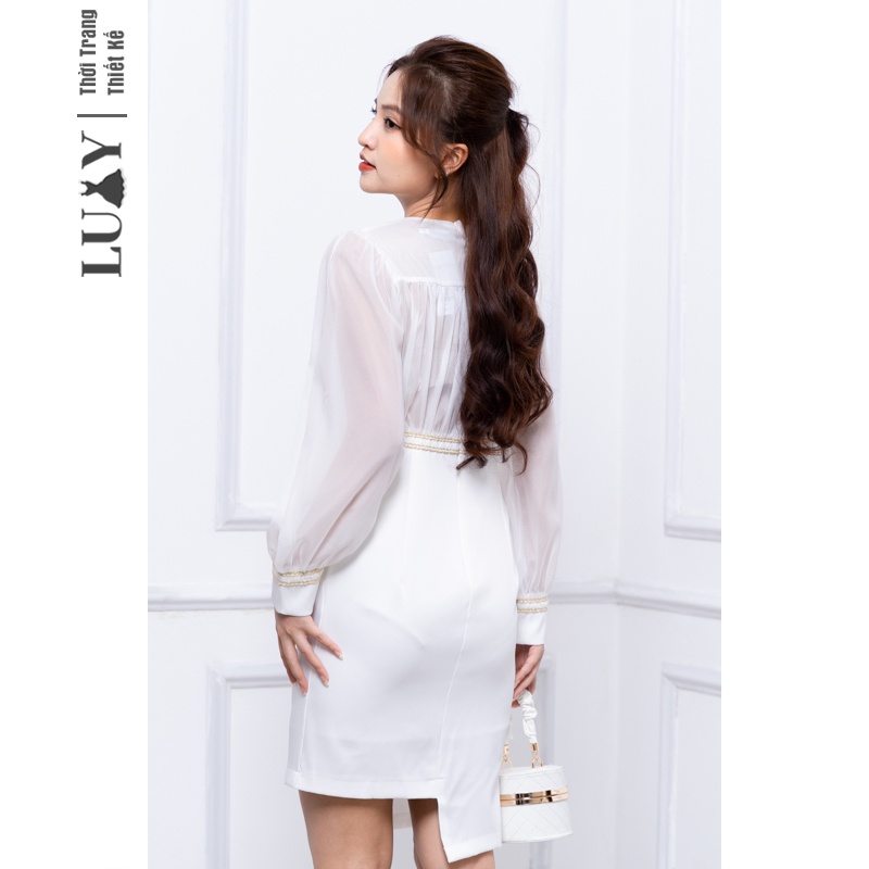 Đầm nữ LUXY V30056 cổ tym, tay voan phồng, dáng ôm phong cách tiểu thư sang trọng