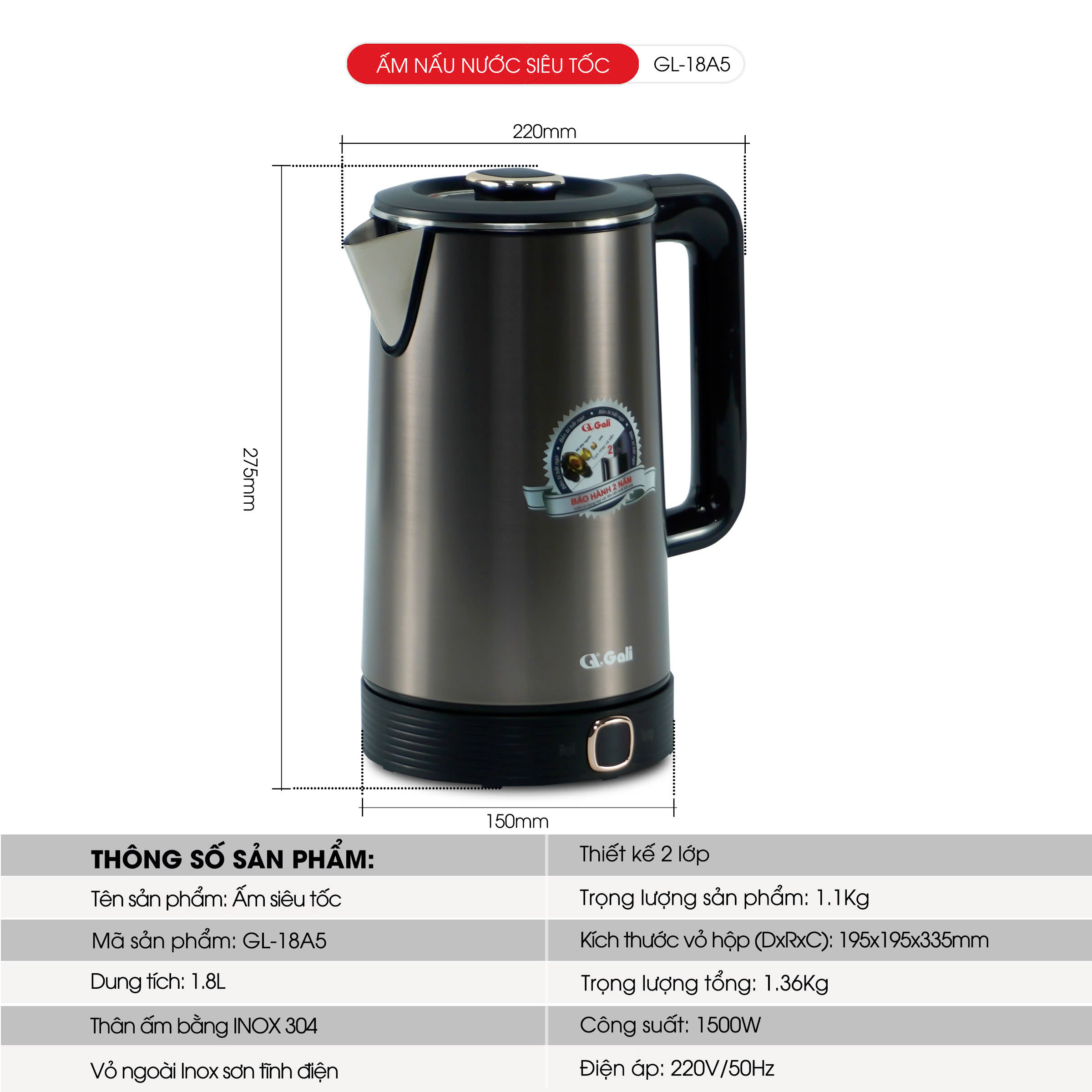 Ấm Siêu Tốc Gali GL-18A5 1.8 Lít. Thiết kế 2 Lớp, chức năng Cảm Ứng Chỉnh Nhiệt Độ. Hàng chính hãng bảo hành 24 tháng