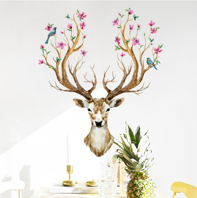 Decal trang trí tường - Đầu Nai hoa mai hồng phong cách