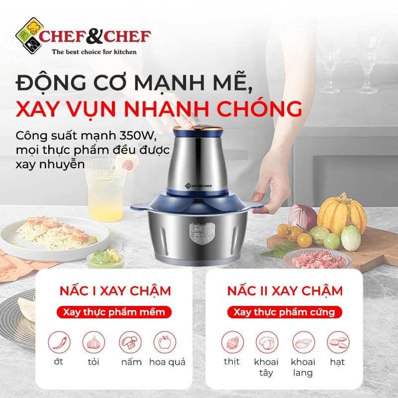 Máy Xay Thịt CHEF&amp;CHEF Cối Inox 2L Dao 4 Lưỡi Cao Cấp