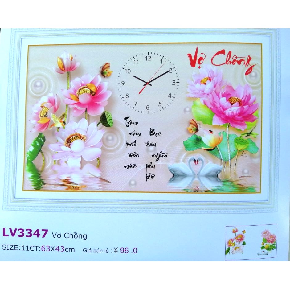 Tranh thêu chữ thập đồng hồ vợ chồng hoa hồng LV3347 63 x 43 cm  - chưa thêu