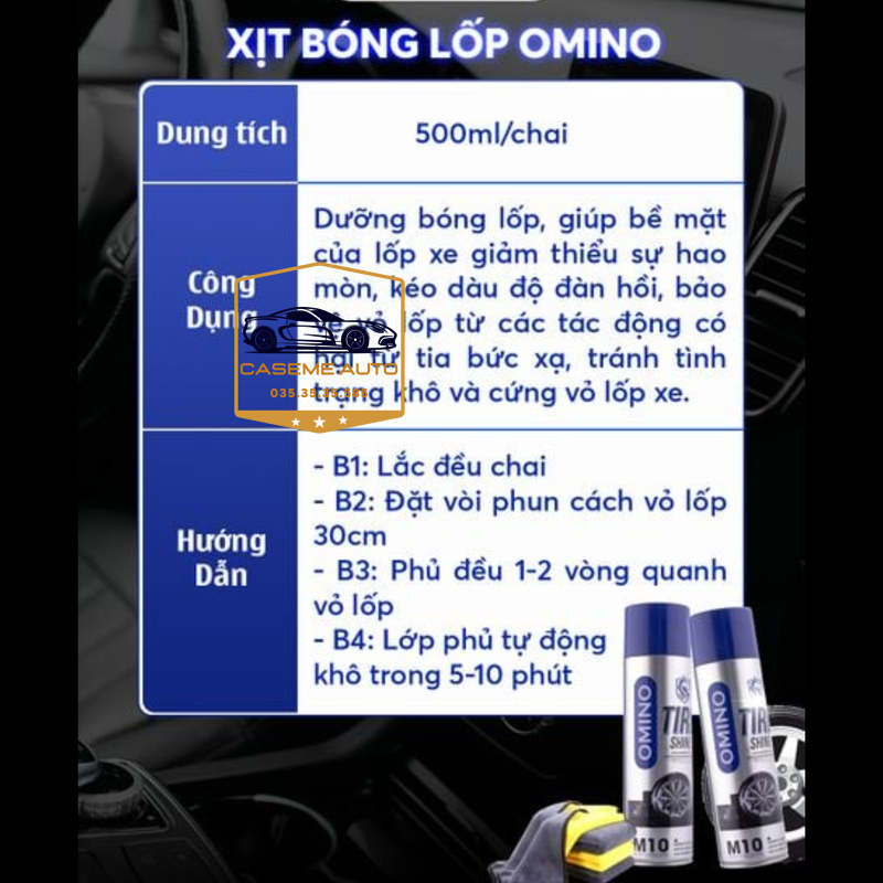 Dung Dịch Dưỡng Bóng Lốp Ô Tô OMINO M10 500ml, Phục Hồi Nhựa Đen, Chống Bạc Màu, Làm Bóng Vỏ Xe – Hàng Chính Hãng