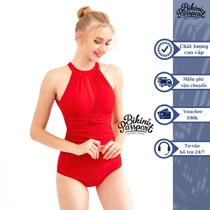 Đồ bơi Nữ BIKINI PASSPORT kiểu Một mảnh nhún cổ yếm cách điệu- màu Đỏ - BS304_RD