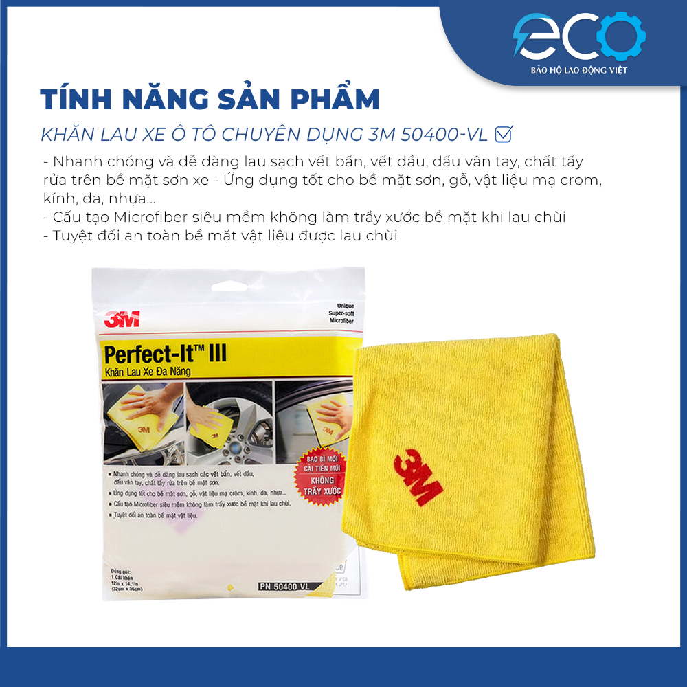 Khăn lau xe ô tô chuyên dụng 3M 50400 VL, sợi Microfiber (siêu mềm chống trầy xước) không để lại xơ vải