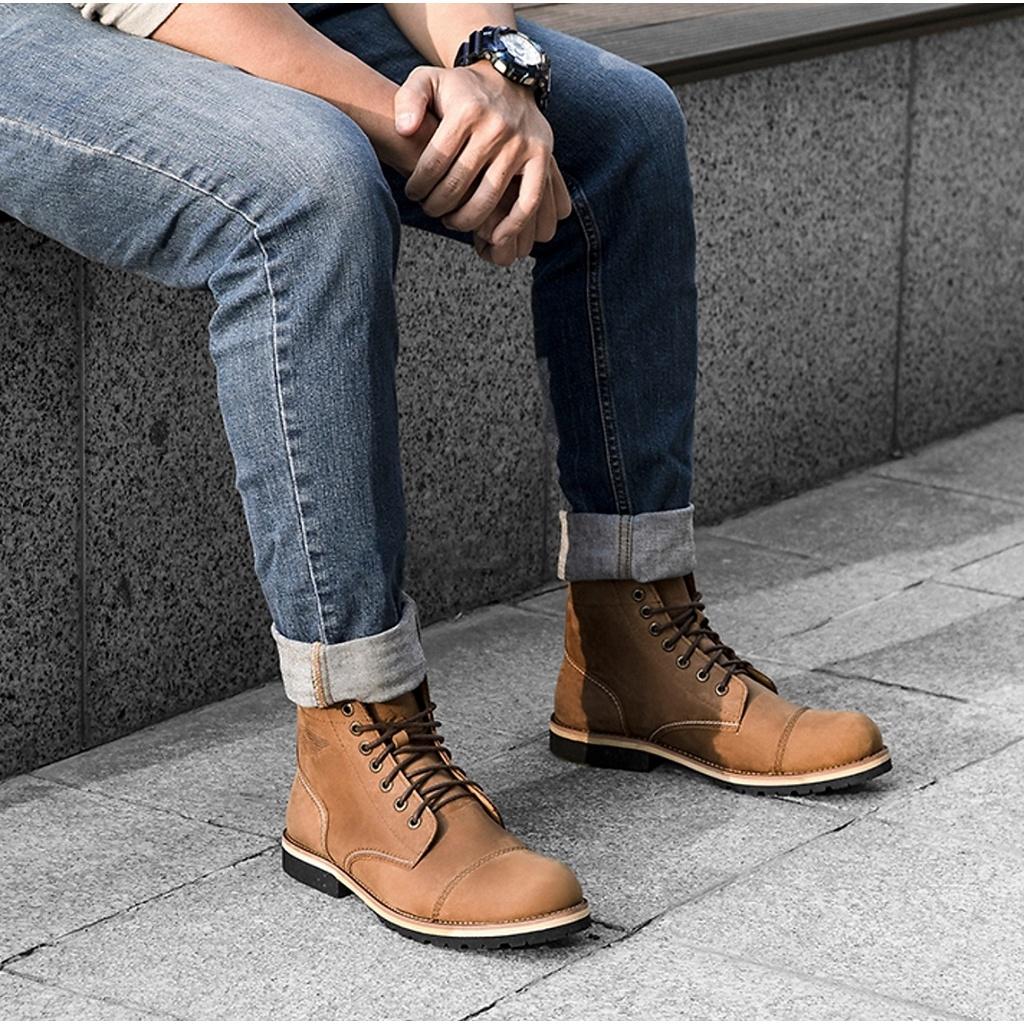 Giày boot nam cổ cao da bò nguyên tấm đế cao su cao cấp, bốt nam cổ cao Da Bò