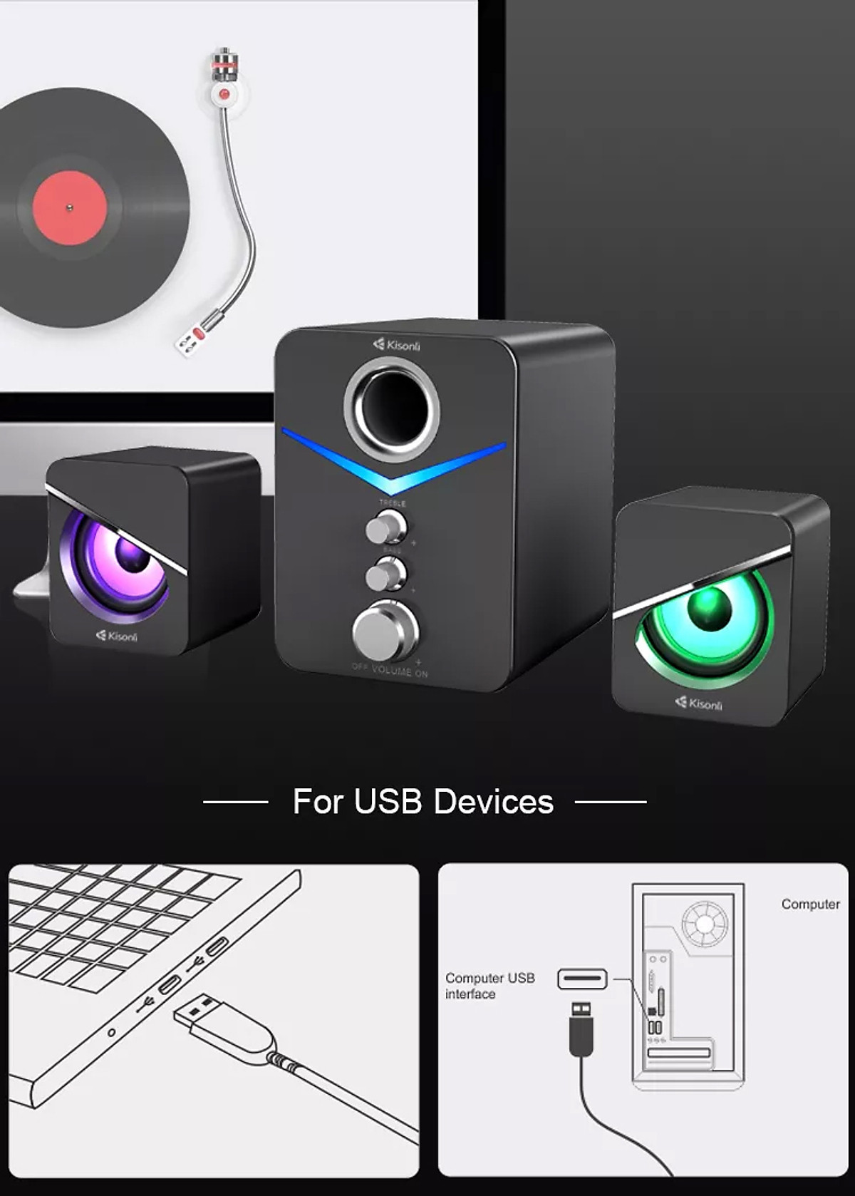 Bộ loa KISONLI U - 3100 2.1 - Loa máy tính đen và hồng