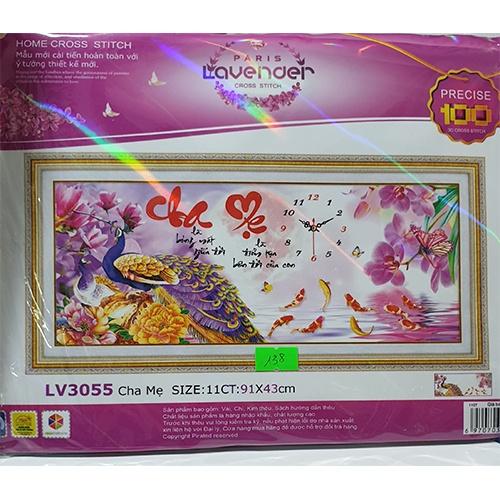 Tranh thêu cha mẹ công tím đồng hồ LV3055 - kích thước: 91 * 43cm.