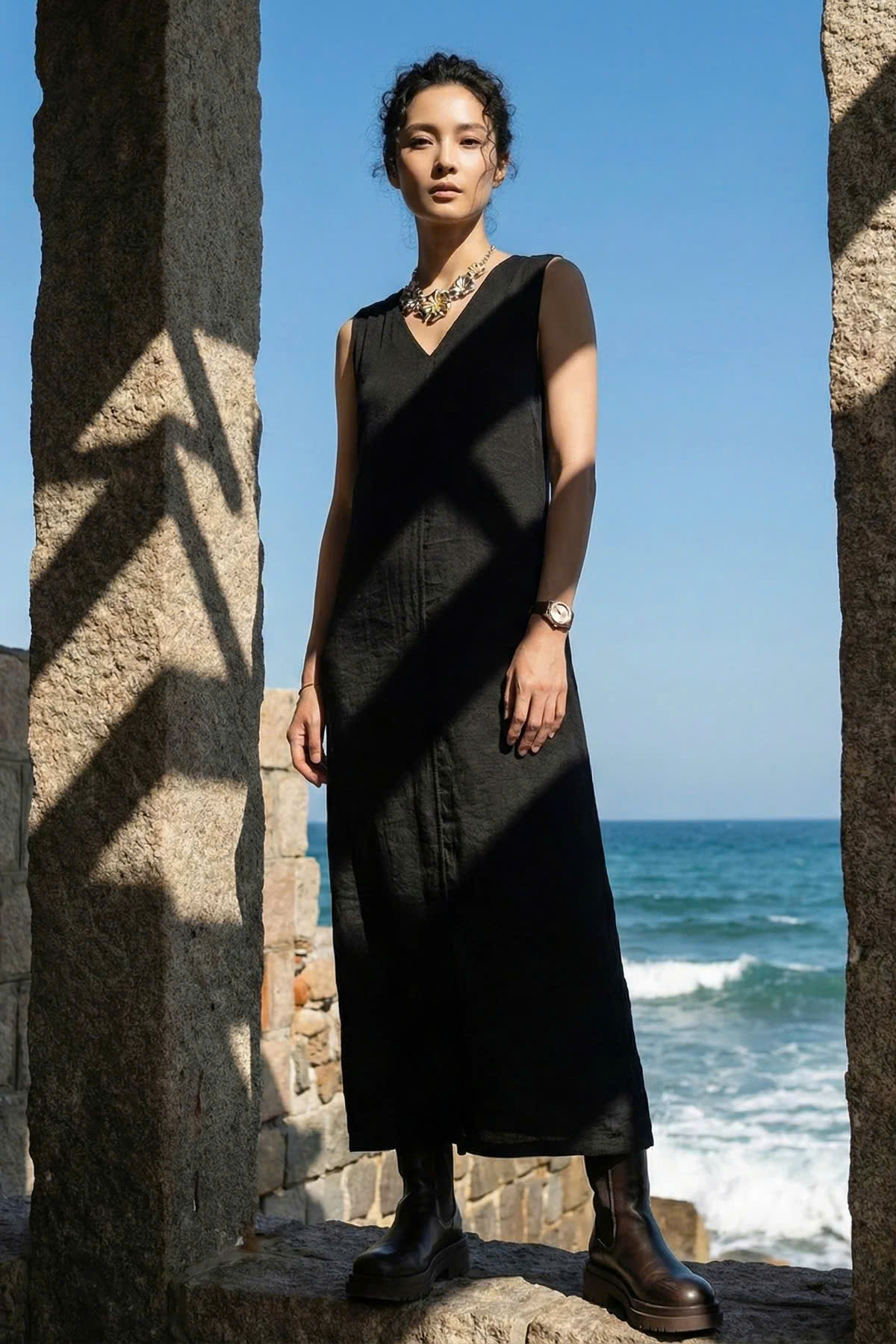 Đầm Maxi Dáng Suông Lụa Đen Hải Thạch Dre202 thời trang thiết kế Hity