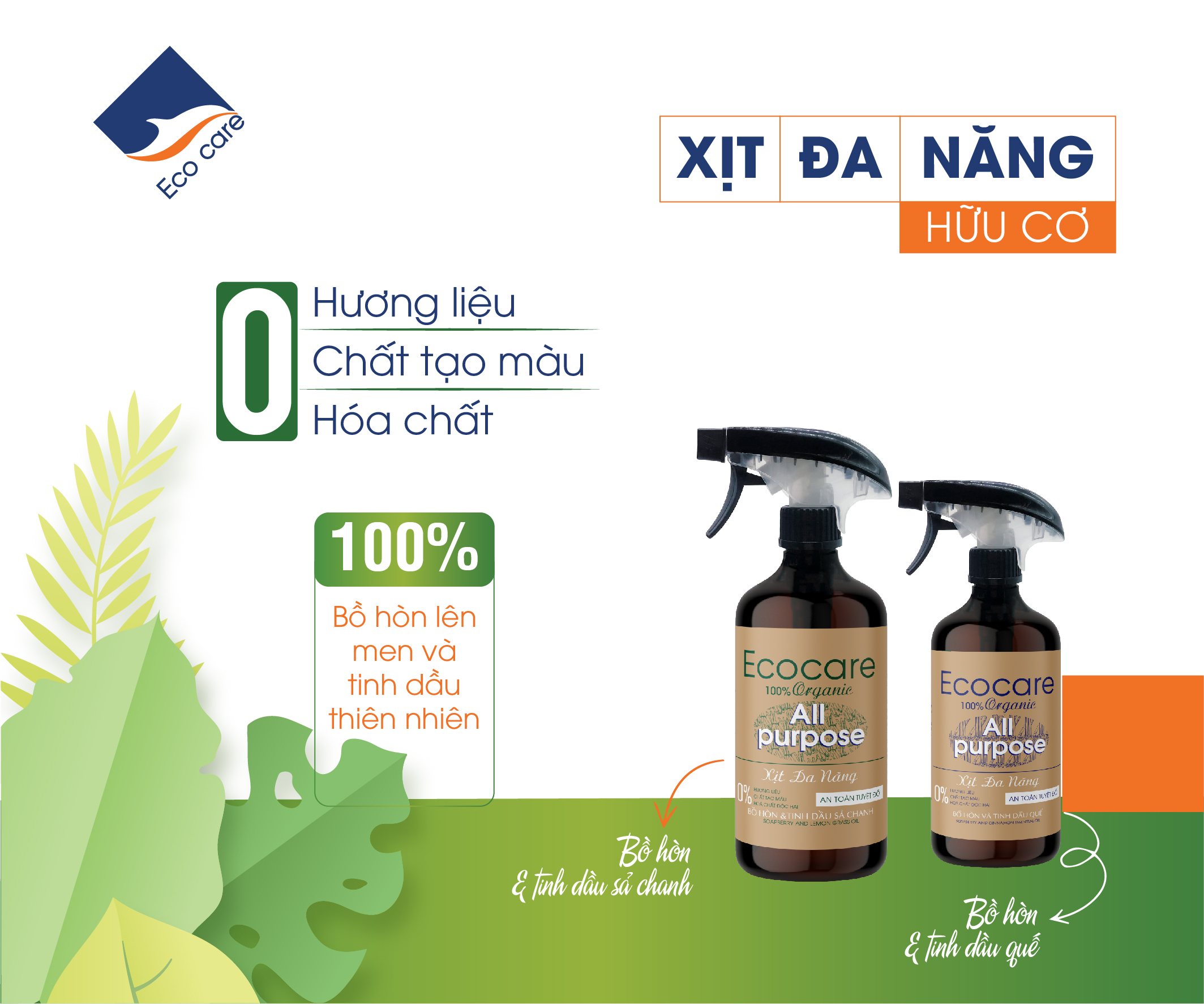 Xịt Chùi Rửa Đa Năng Bồ Hòn Hữu Cơ ECOCARE 500ml - Diệt khẩn, khử mùi, hiệu quả mọi chất liệu - Mâu mới 2020