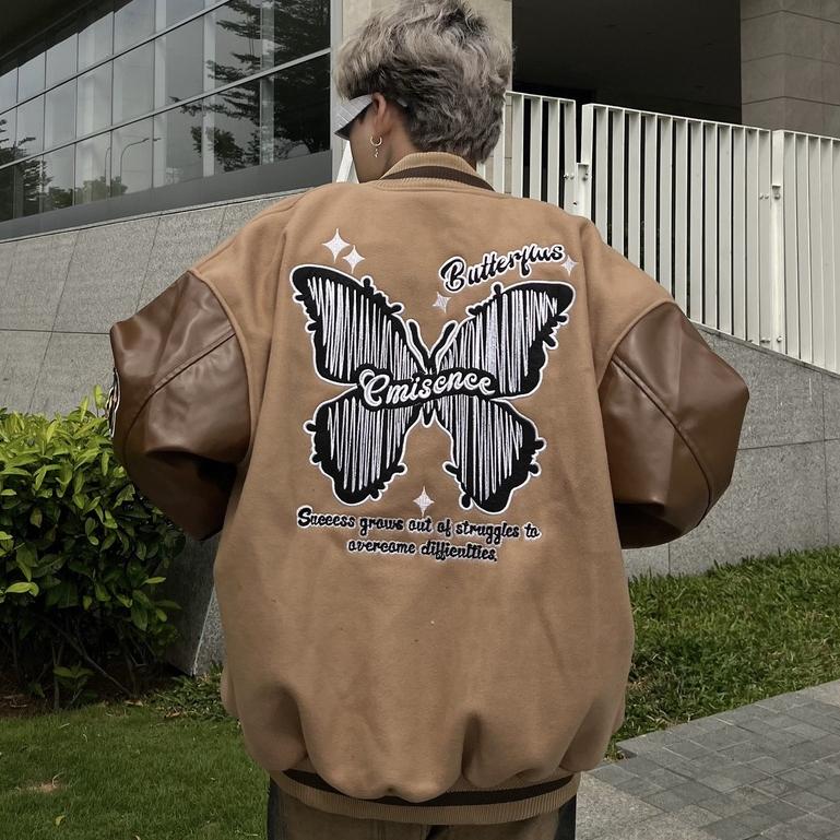 Áo khoác bomber local brand rg butterfly , varsity jacket nam nữ tay da , vasity bóng chày form rộng unisex - Gin store