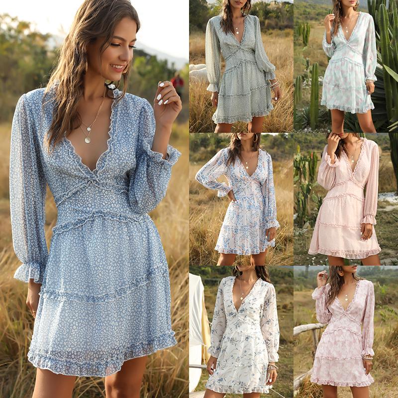 Women Open Back Mini Dress Ruffles Leopard Leaf Print Deep V Neck Lantern Sleeves High Waist Boho Holiday Beach Casual
