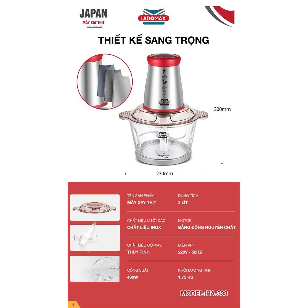 Máy xay thịt cối thủy tinh 2.0L thân máy inox Ladomax HA-333Inox