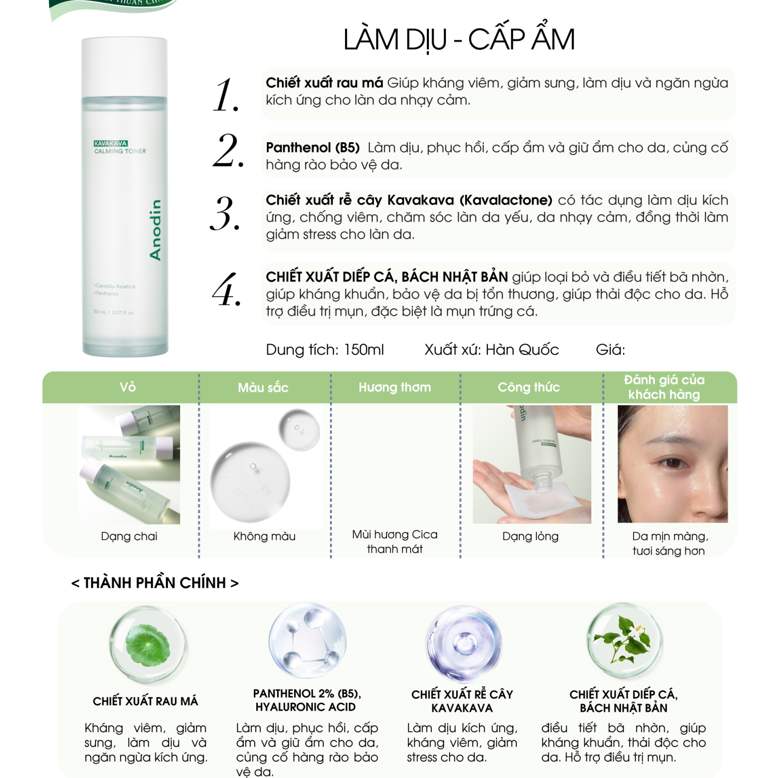 Toner dưỡng da cân bằng làm dịu và cấp ẩm chiết xuất rau má Anodin KavaKava Caliming Toner 150ml - Hàn Quốc