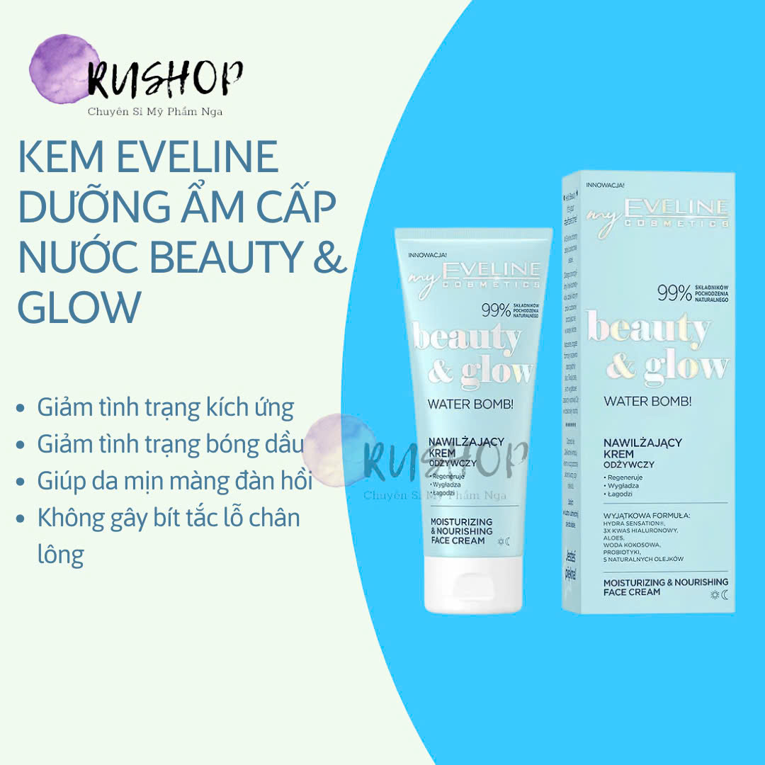 Kem dưỡng Eveline Water Bomb Beauty &amp; Glow dưỡng ẩm, cấp nước làm dịu da (xanh dương)
