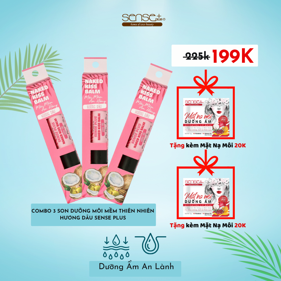 COMBO 3 SON DƯỠNG MÔI NAKED KISS BALM SENSE PLUS HƯƠNG DÂU + TẶNG 2 MIẾNG MẶT NẠ MÔI