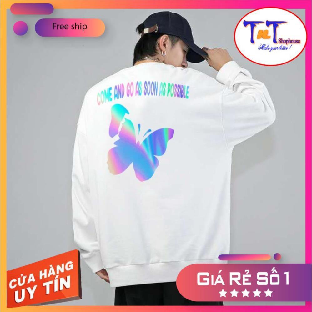 AS08 Áo Sweater Con Bướm Phản Quang Áo Nỉ Dài Tay Unisex Nam Nữ thời trang sinh viên học sinh cao cấp
