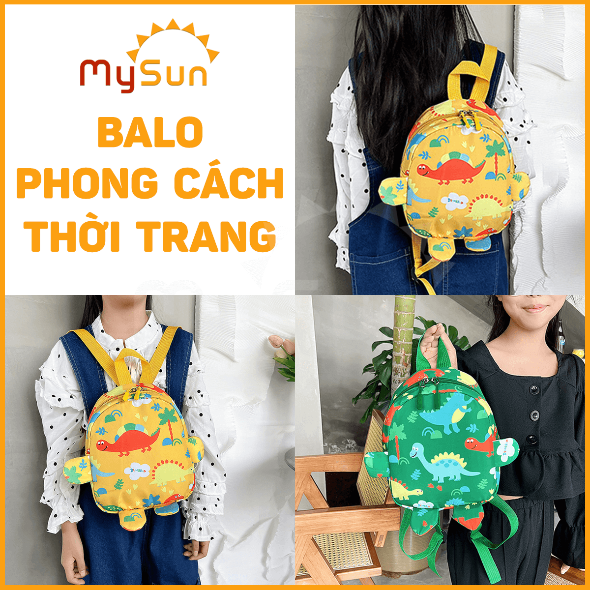 Balo cặp ba lô cho bé gái trai mẫu giáo mầm non 1 2 3 4 5 tuổi đi học hình khủng long dễ thương MySun