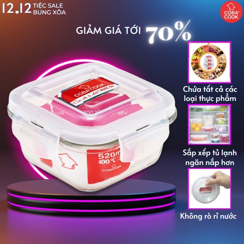 Hộp thủy tinh hộp đựng cơm trữ thức ăn chịu nhiệt COBA'COOK hộp vuông 520ml- CBHS520