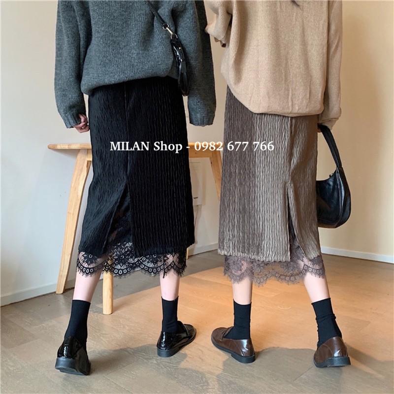 Chân váy nhung phối ren mặc được 2 mặt