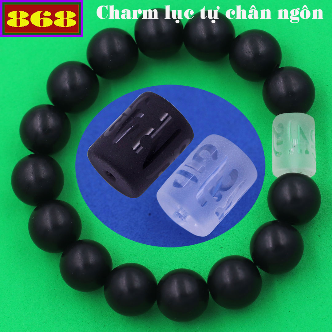 Vòng chuỗi đeo tay gỗ mun charm lục tự Đại minh chân ngôn,10 ly, Om Mani Padme Hūm, Chân ngôn Lục tự