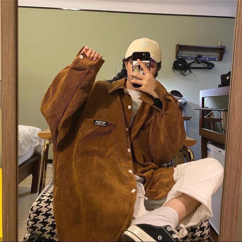 Áo sơ mi nhung cổ bẻ fom thụng