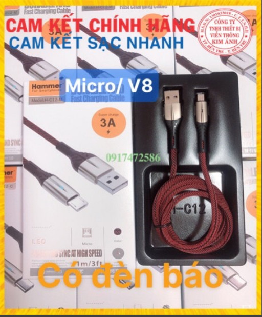 Dây sạc nhanh 3A Hiệu Hammer ( H-C12-M ), Chân Micro/ V8, Có đèn báo - Hàng chính hãng