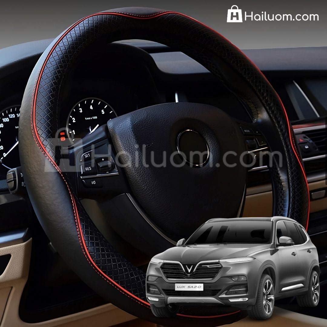 Bọc Vô Lăng ô tô cho VINFAST LUX SA2.0 Da Thật Cao Cấp - Màu Đen Chỉ Đỏ
