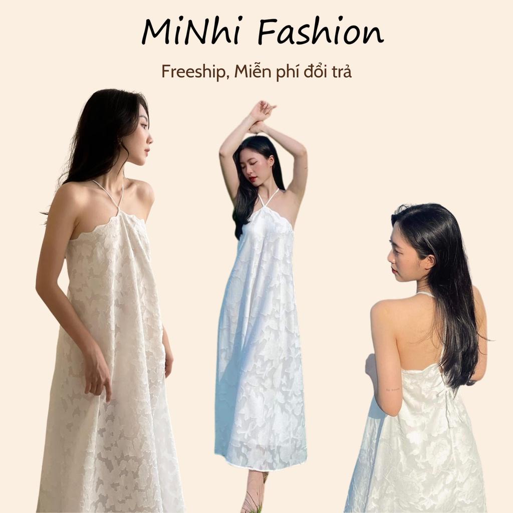 Đầm maxi trắng cổ yếm đi biển, Đầm trắng hở lưng cổ dây suông dài Cao Cấp thêu hoa, sexy quyến rũ - MiNhi Fashion