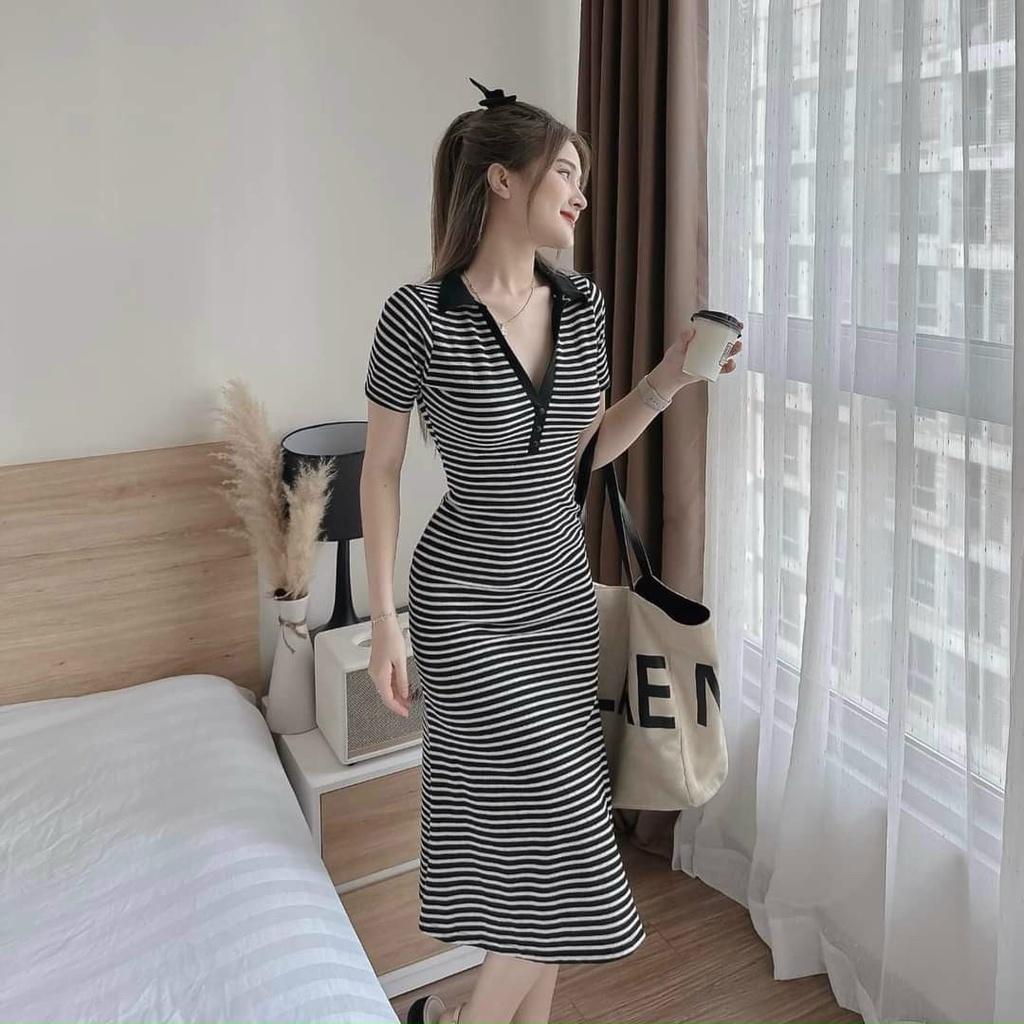 Váy đầm nữ body cổ sơ mi kẻ sọc chất thun gân co giãn mềm mại kiểu dáng sang chảnh quyến rũ