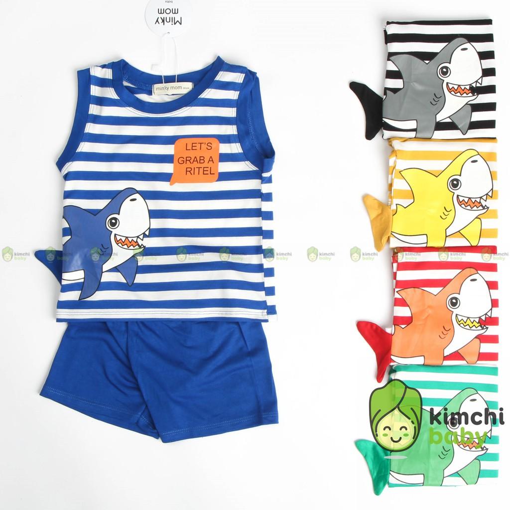 Bộ Ba Lỗ Bé Trai Minky Mom Vải Thun Lạnh Kẻ Ngang Họa Tiết Baby Shark 3D, Áo Ba Lỗ Cho Bé Mặc Hè Thoáng Mát MKM3LO2105