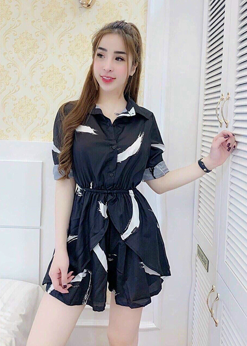 Jumpsuits Lụa Sơ Mi Xòe In Họa Tiết