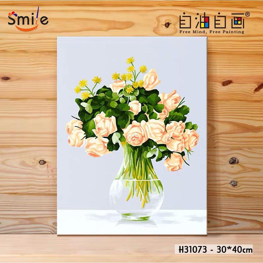 Tranh sơn dầu số hóa tự tô màu theo số cao cấp Smile FMFP Bình hoa hồng H31073