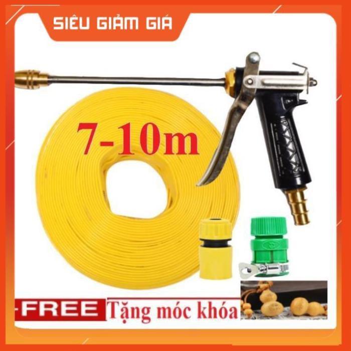 Bộ dây vòi xịt nước rửa xe, tưới cây . tăng áp 3 lần, loại 7m, 10m 206318 đầu đồng,cút,nối vàng+tặng móc khoá