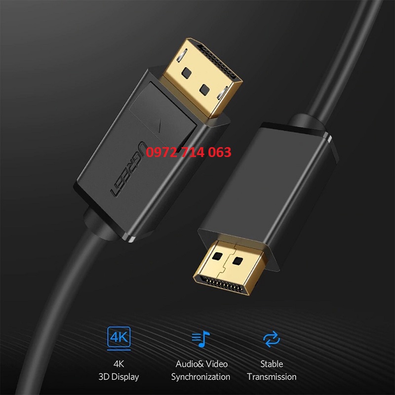 Cáp Displayport 2 đầu dương 1,5M hỗ trợ 2K*4K@60Hz 28AWG Ugreen 10245 hàng chính hãng