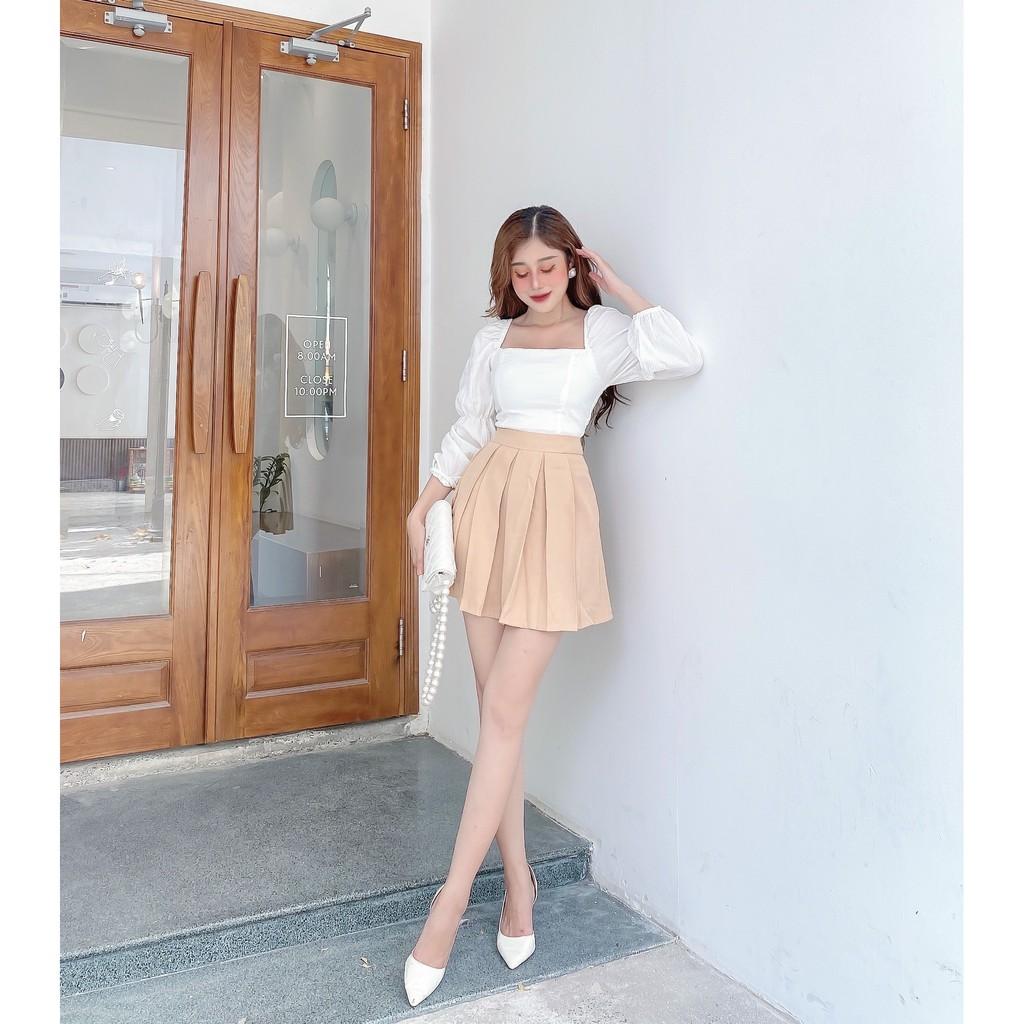 SET ÁO KIỂU XỐP NHÚN CROPTOP CỔ VUÔNG TAY DÀI+CHÂN VÁY XẾP LY-hình thật shop chụp
