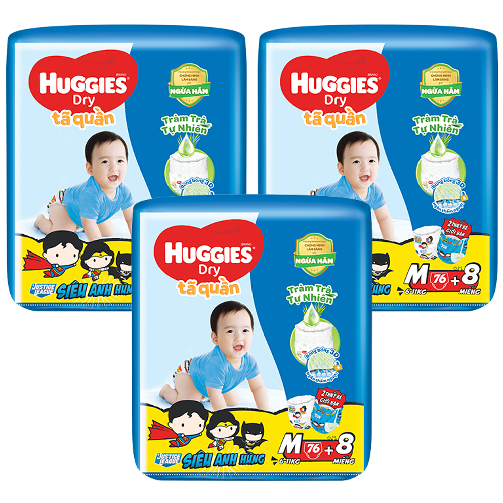 Combo 3 Tã Quần Huggies Dry Tràm Trà Tự Nhiên Gói Cực Đại + Tặng 8 miếng - Phiên bản Siêu Anh Hùng