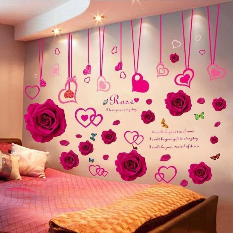 DECAL DÁN TƯỜNG DÂY LEO TRÁI TIM VÀ HOA HỒNG ĐỎ ROSE - HP861