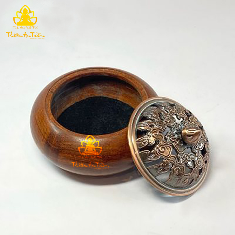 Lư Gỗ Xông Đốt Trầm Hương – Lư Gỗ Hương Xông Đốt Nhang Khoanh Trầm Hương, Nhang Nụ Trầm Hương - Lư Gỗ Hương Xông Đốt Trầm Hương Nắp Kim Loại Khắc Hoa Văn