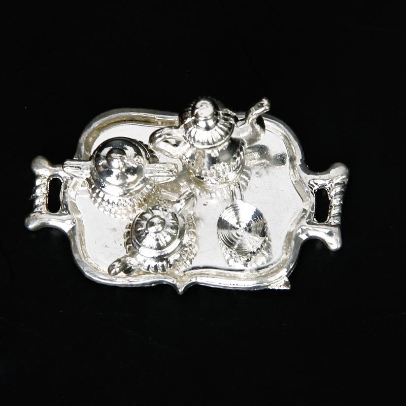 5pcs Silver Metal Tea Lid Pot Cups Tray Set 1:12 Dolls House Miniature Accs