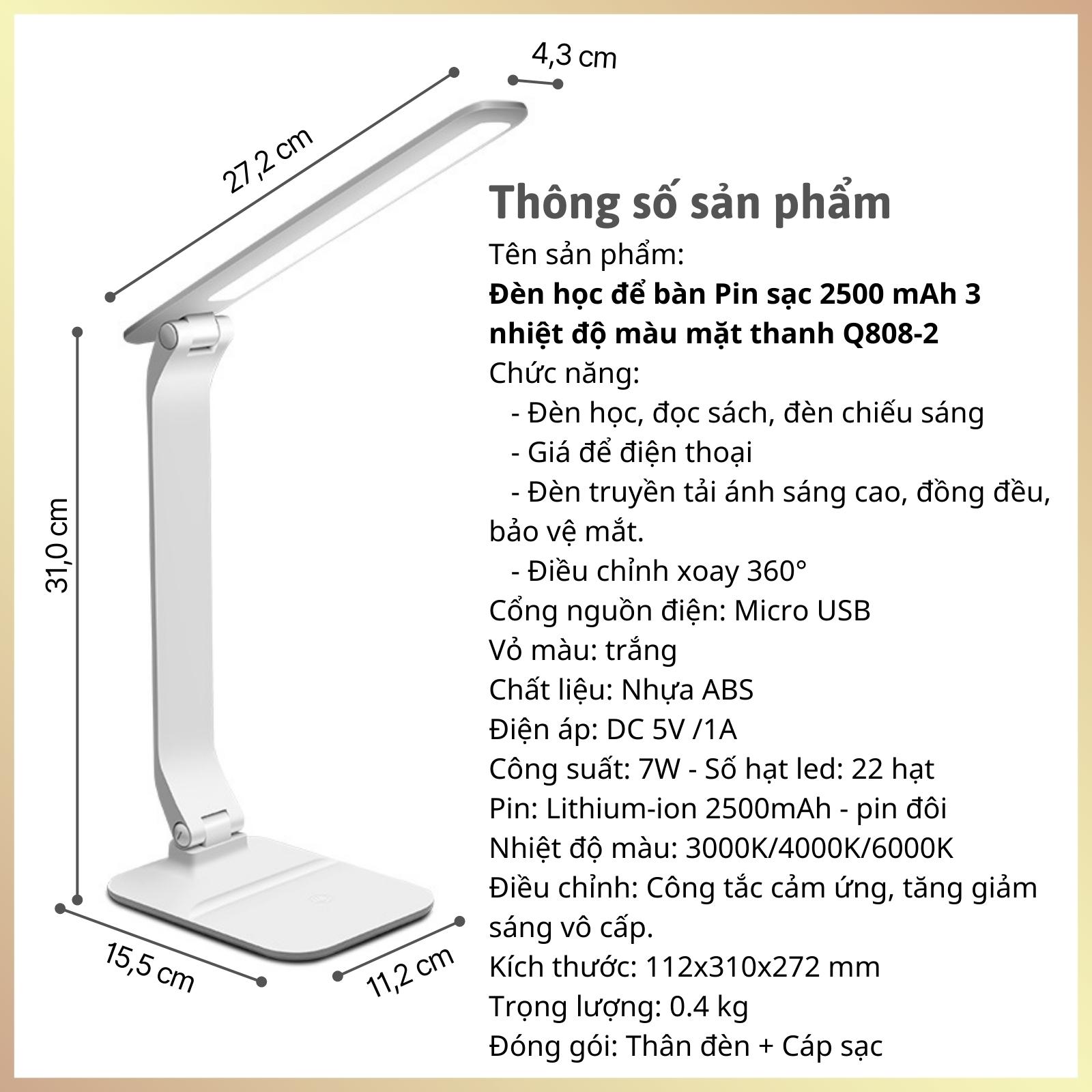 Đèn học để bàn Pin sạc 3 nhiệt độ màu Làm mờ vô cấp Mặt Thanh Q808-2