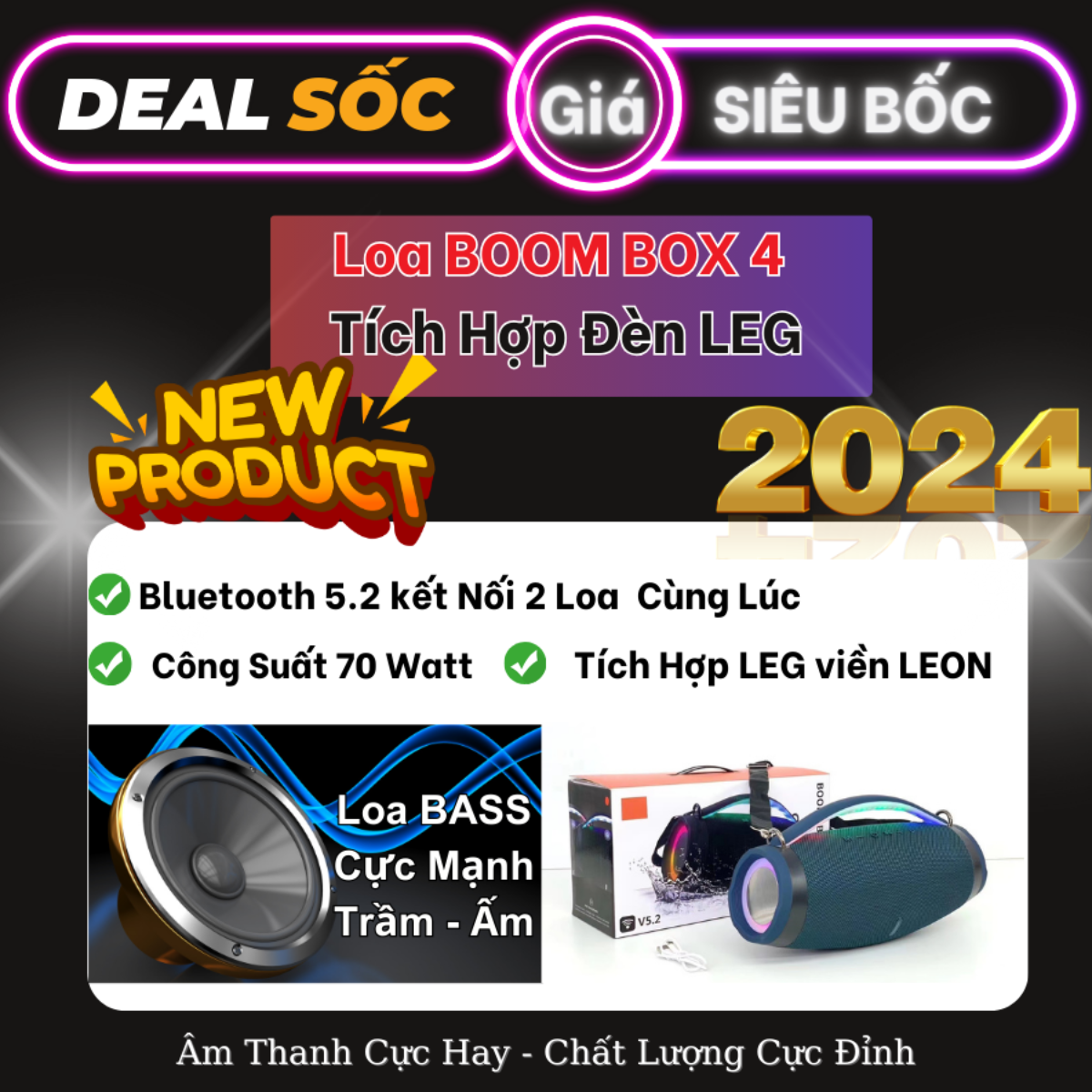 Loa Bluetooth BOOM BOX 4 - Âm Bass Cực Căng - Công Suất Lớn - Hàng Nhập Khẩu