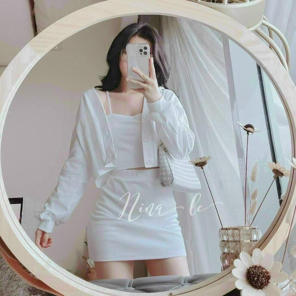 SET THUN ULZZANG 3 MÓN CÁ TÍNH CHÂN VÁY CHỮ A, ÁO ỐNG CROPTOP KÈM KHOÁC NGOÀI CÀI NÚT, DK-0048