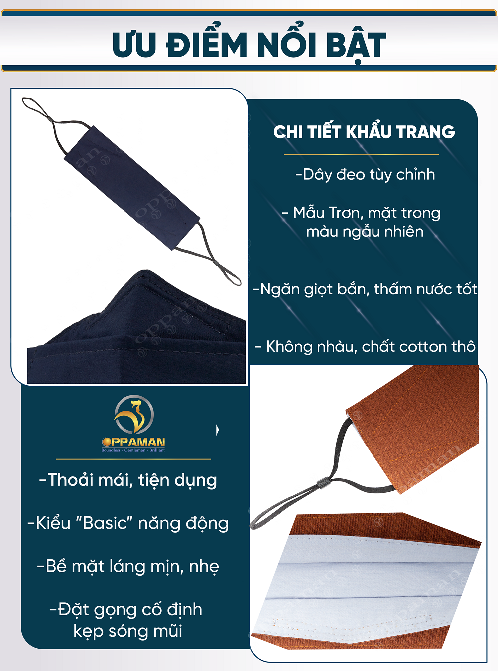 Khẩu trang vải nam nữ Oppaman trơn cotton kiểu kf94 OKT6 xanh đen