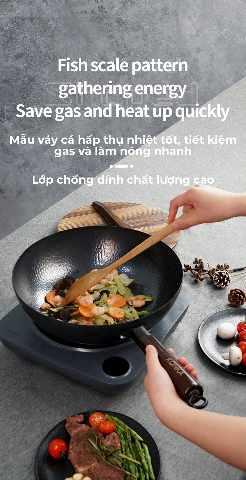 Chảo Chống Dính Mẫu Mới Chảo thép tôi vân vảy cá, chống dính chống mài mòn, tay cầm gỗ, nắp gỗ-Hàng nhập khẩu